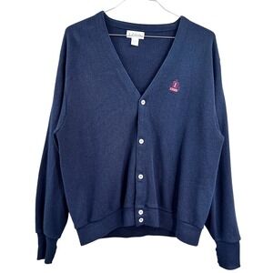 Vintage Izod Mens Navy Blue Cardigan Sweater Embroidered Crest L Preppy Grandpa